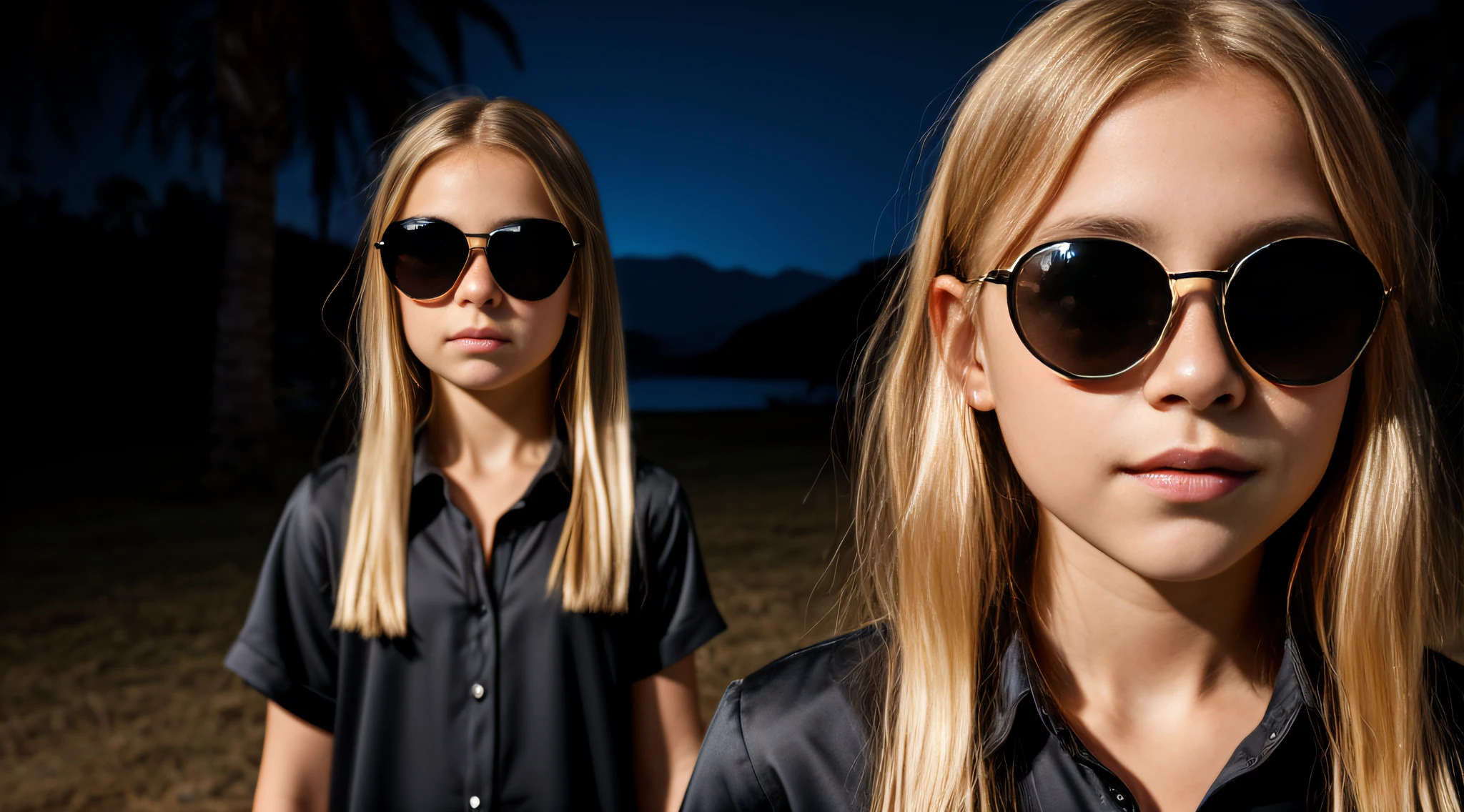 HALO DE LASER AZUL, close-up CHILDREN BLONDE GIRL WITH VERY LONG HAIR, in a black blouse and sunglasses in a dark room, Foto de um ensaio promocional,