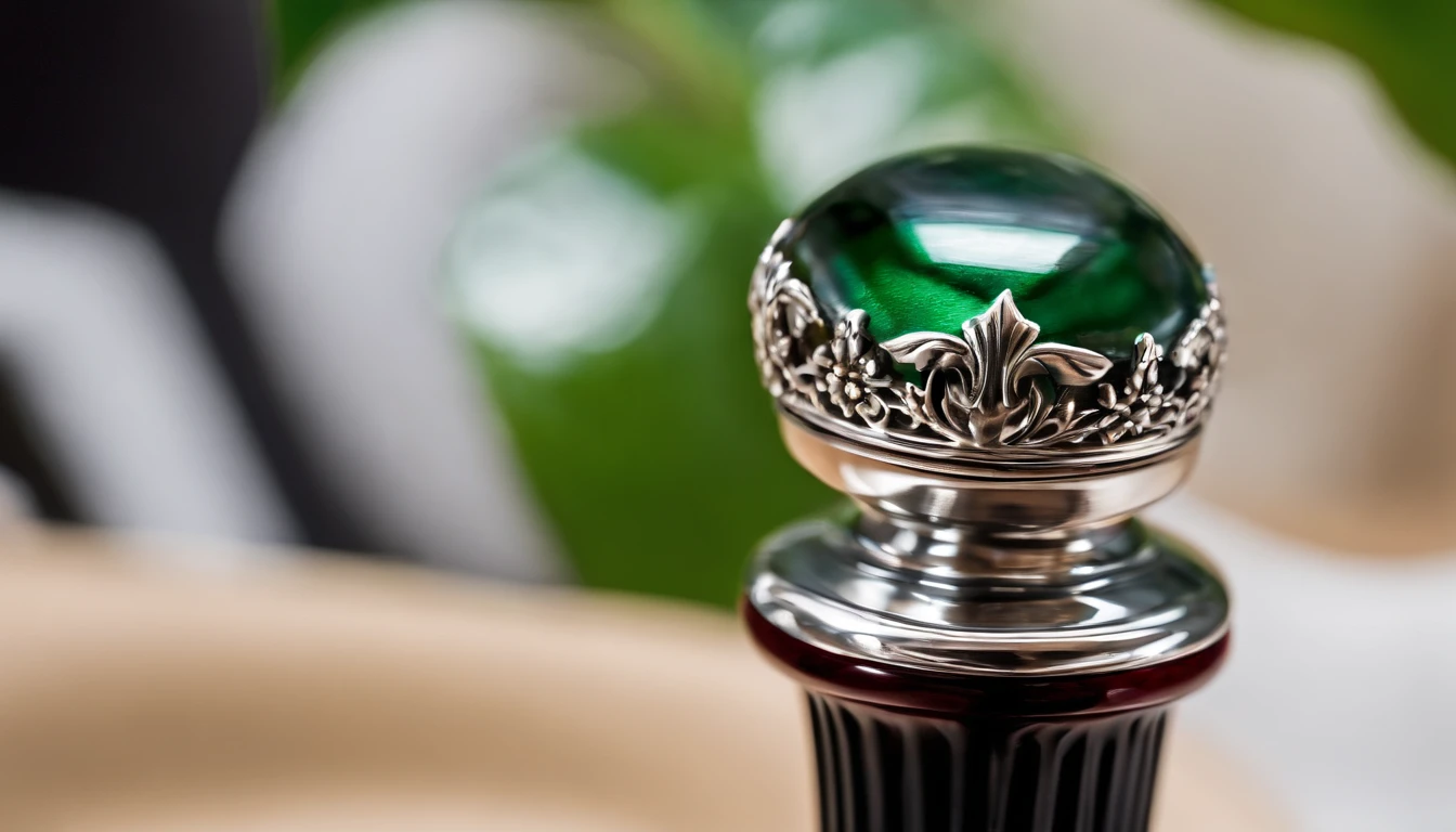 Capture a close-up shot of a stainless steel wine bottle stopper, showcasing its elegant and sleek design with intricate detailing.