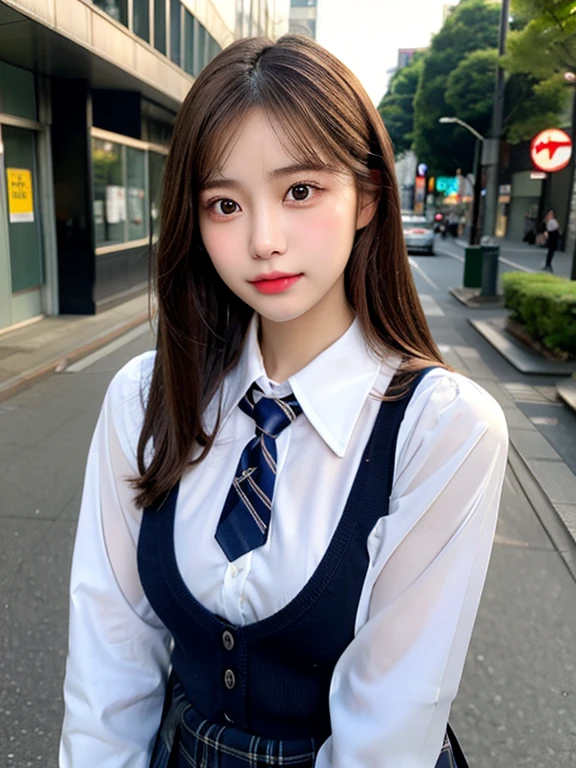 (masterpiece, best quality, photo realistic, official art:1.4), (UHD, 8K quality wallpaper, High resolution, RAW photo:1.2), (shiny skin), professional lighting, physically-based rendering, Award-winning, highly detailed skin, (extremely detailed face and eyes, clear pupils), Carl Zeiss 85 mm F/1.4, depth of field, BREAK, 1girl, solo, kawaii 16-year-old Korean schoolgirl, (Nogizaka idol:0.7), (Korean idol:0.9), (glossy brown hair, straight medium hair, forehead:1.3), extreme round face, single eyelid, smirk, mouth closed, (wearing school uniforms, longsleeved collared shirt, school tie:1.3), plaid mini skirt, navy socks, loafers, (breasts emphasized, well shaped medium breasts), (looking at viewer), BREAK, at a street in Shibuya, summer daytime, sunbeam, (seductive posing:1.3), cowboy shot, view from forward,