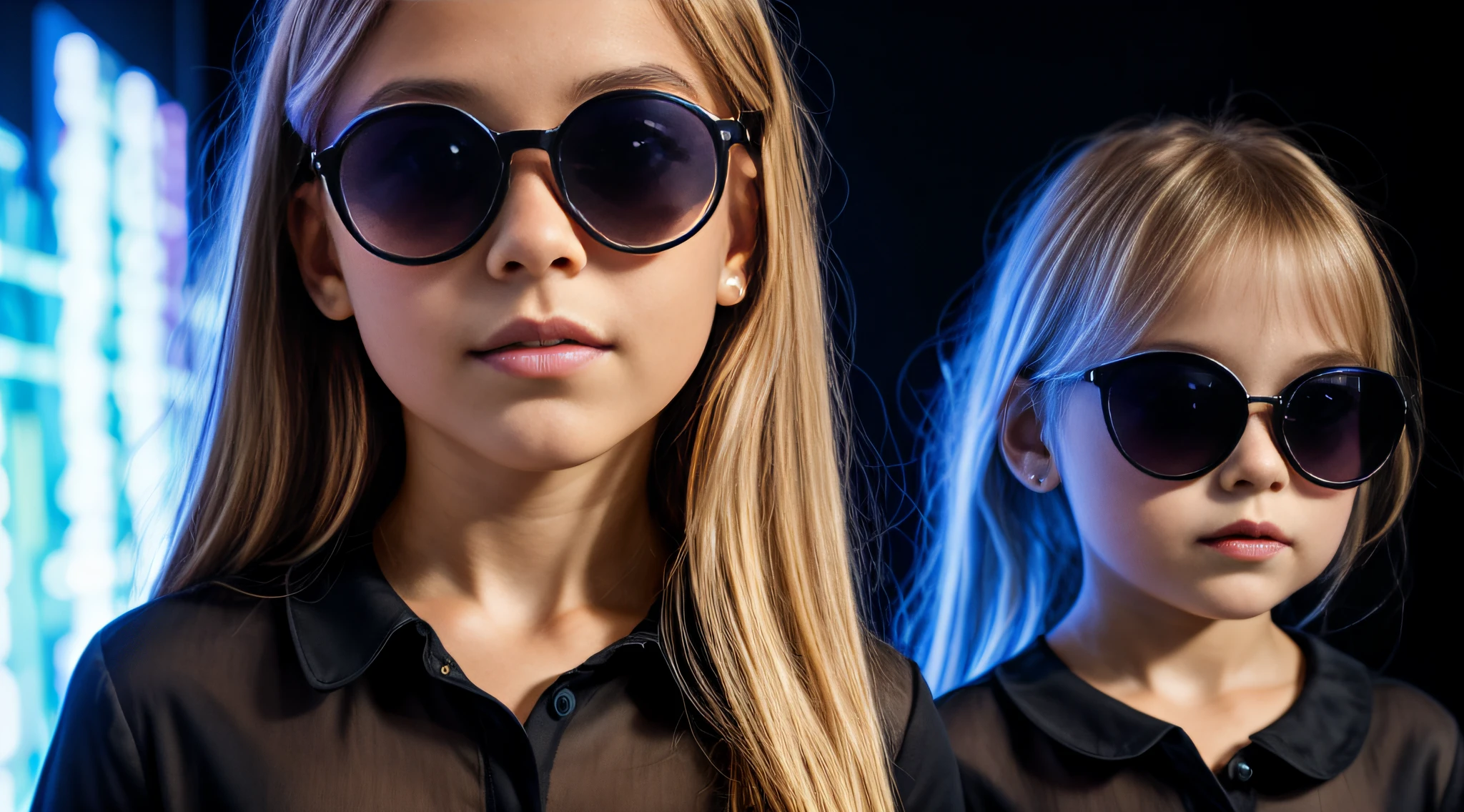 HALO DE LASERS AZUL, close-up CHILDREN BLONDE GIRL WITH VERY LONG HAIR, in a black blouse and sunglasses in a dark room, Foto de um ensaio promocional,
