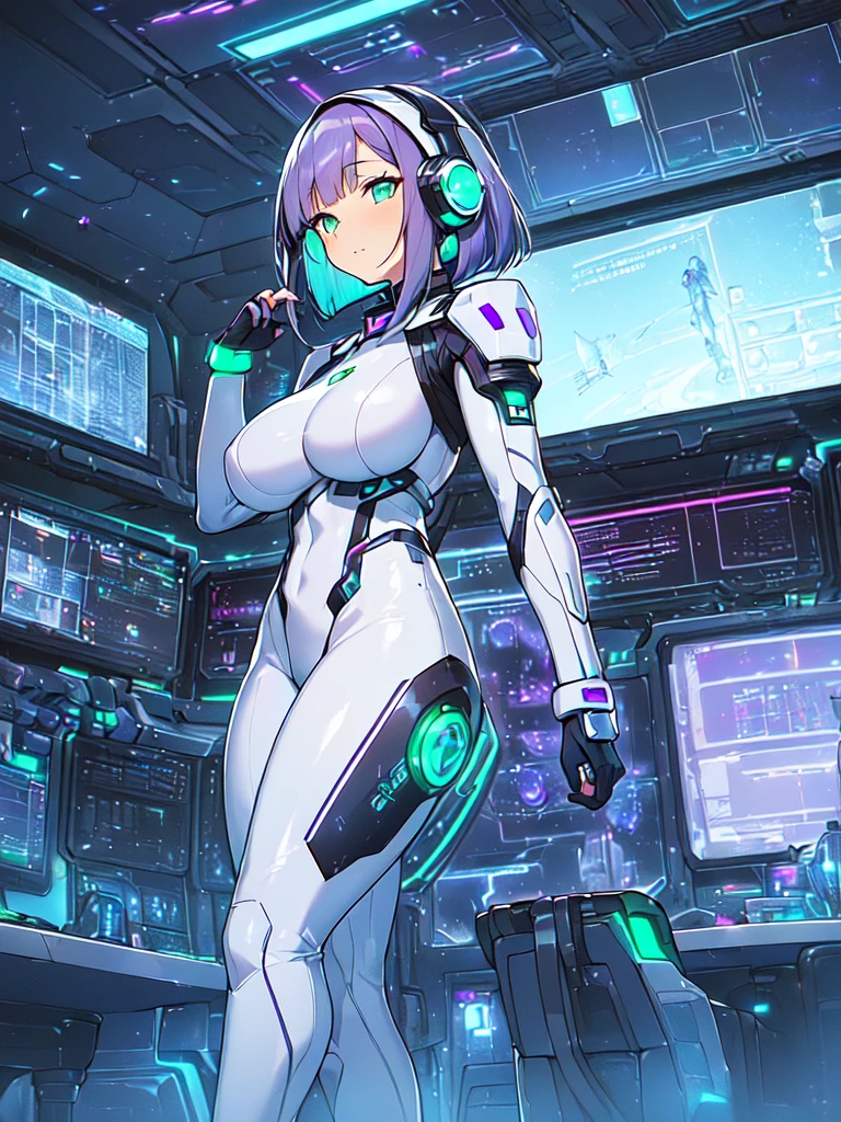 ​masterpiece:1.4, 1girl in ((20yr old, Wearing a futuristic white and silver costume, Tight Fit ????????, long boots, Very ????????????????, (Colorful purple hair,):1.3 short bob, Perfect model body, Green eyes:1.2, Wearing headphones, Looking out the window of the futuristic sci-fi space station、While admiring the beautiful galaxy:1.2, SFSF control room on night background:1.1, Neon and energetic atmosphere:1.2)) ((Galaxy))