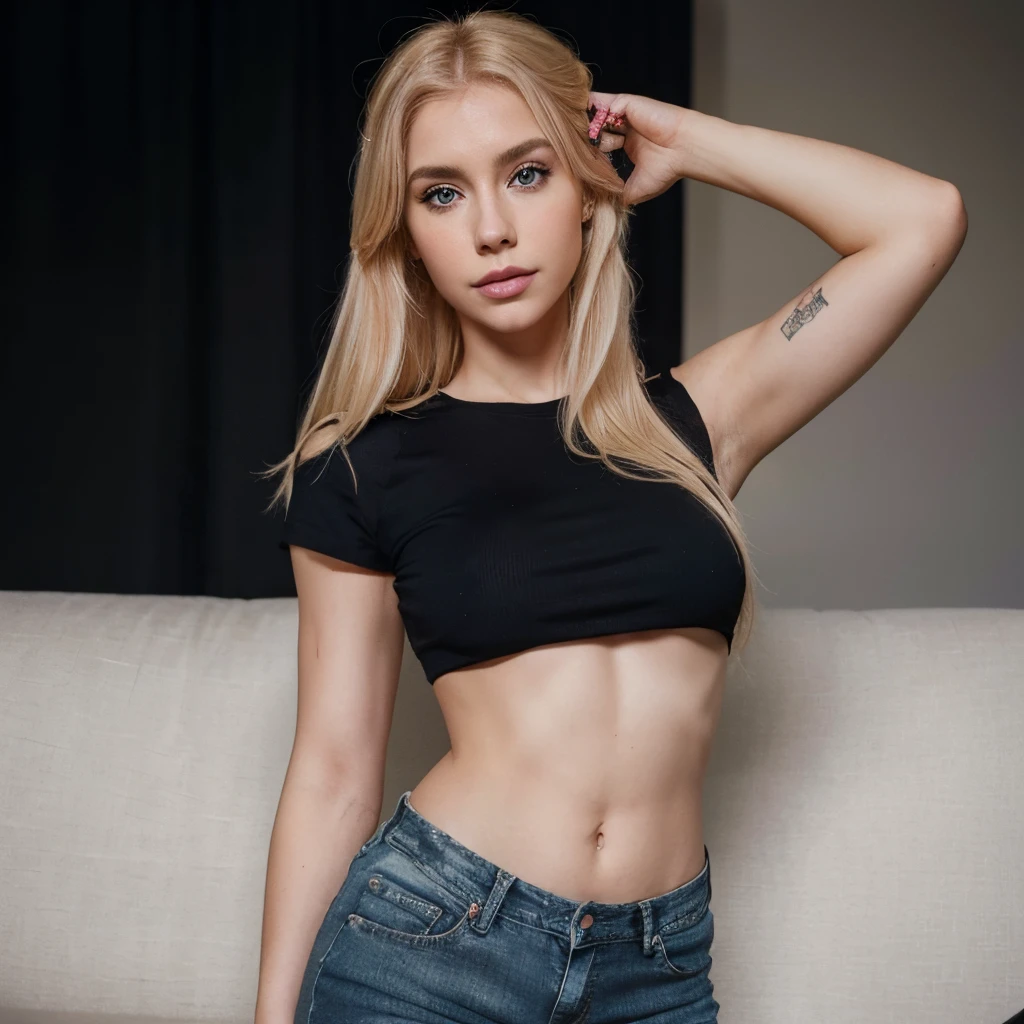 brazilian influencer in jeans and black top with blonde hair and a black top posing for a picture, a colorized photo inspired by Hedi Xandt, reddit, realism, amouranth, better known as amouranth, pink body, with blonde hair and azure eyes,nikonova aka newmilky