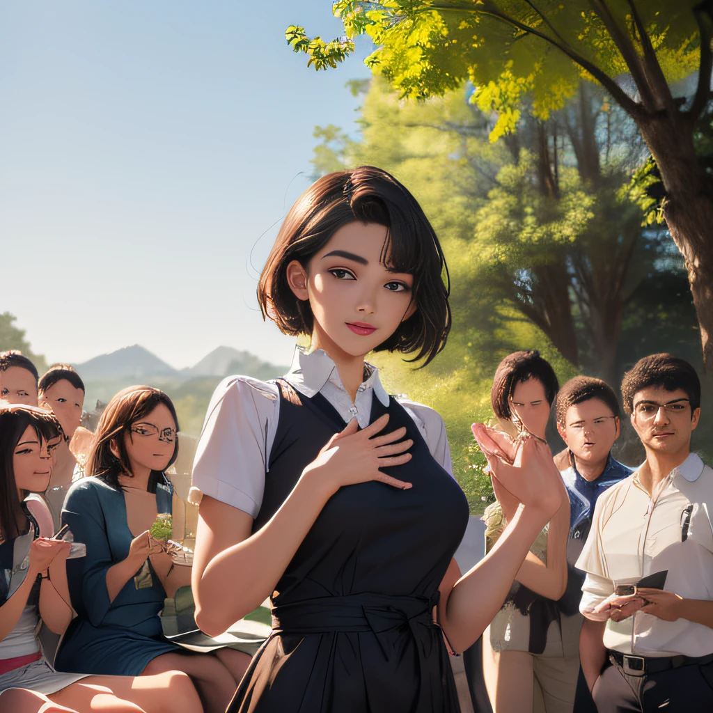 (extremely detailed 8K wallpaper:2), (photo:2), (24 years old Xuan Beautiful girl:2), (gives a lecture to friends:2), Detailed (Face & Eyes), (hyper realistic:1), (Highly detailed:1), (Epic Realistic:1), rim light, (Maximum details:1), Cosy, (body complet:1.3), (looking a viewer:2.0), (Attractive qualities of a woman:2), (attractive female:2), (Attractive:2), Smile, intelligence, sympathy, Grace, A sense of style, Fitness, Care, optimism, (sensitivity:2), frankness, Romantic gestures, playfulness, Fashion Sense, (sensuality:2), charm, modesty, Thoughtfulness, (femininity:1), flirtatiousness, warmth, (Physical Attractiveness:2), beautiful smile, Love of Life, Strength and power, Vulnerability, curiosity, wonder, Love, (Nature's prehistory:2), Kawaii, waifu, beautiful breasts, (attractive body:2), (handsome body:2), BEAUTIFUL POSE, attractive pose, (nice feet:1.0), (beautiful clothing:1), (Classic clothes:2), (elegant clothing:2), (European Clothing:2), detailed clothes, (upskirt:1), (blouse:1), (provocative pose)
