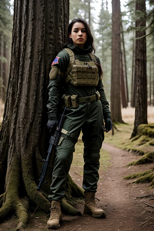 A 20 year old female leaning against a tree with a gun, a low poly render inspired by Sam Havadtoy, polycount contest winner, realism, soldier outfit, dressed in tactical armor, in a dark space mercenary outfit, realistic soldiers, wearing tactical gear, future soldier clothing, wearing techwear and armor, redwood forest themed armor, future combat gear, door gunner