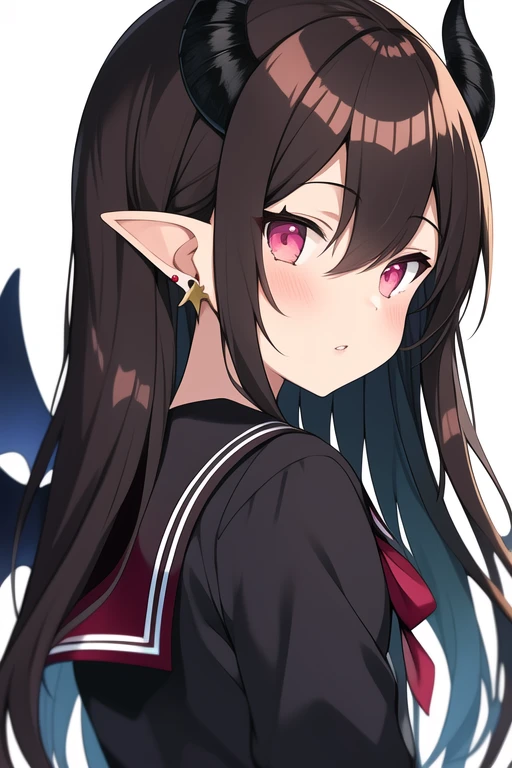 1girl in, 1boy, Horns, School uniform, pointy ear, Wings, earrings, serafuku, Jewelry, White background, Upper body, Red Eyes, Demon Wings, Demon Horns, demon boy, Simple background, Back-to-back, Pink eyes, Parted lips, black serafuku, Brown hair, Demon Girl, Black hair, Looking at Viewer, Long hair, School run