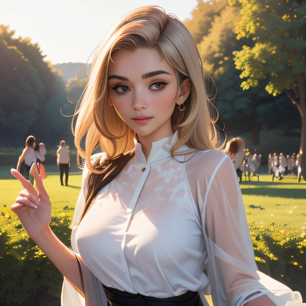 (extremely detailed 8K wallpaper:2), (photo:2), (24 years old Xuan Beautiful girl:2), (gives a lecture to friends:2), Detailed (Face & Eyes), (hyper realistic:1), (Highly detailed:1), (Epic Realistic:1), rim light, (Maximum details:1), Cosy, (body complet:1.3), (looking a viewer:2.0), (Attractive qualities of a woman:2), (attractive female:2), (Attractive:2), Smile, intelligence, sympathy, Grace, A sense of style, Fitness, Care, optimism, (sensitivity:2), frankness, Romantic gestures, playfulness, Fashion Sense, (sensuality:2), charm, modesty, Thoughtfulness, (femininity:1), flirtatiousness, warmth, (Physical Attractiveness:2), beautiful smile, Love of Life, Strength and power, Vulnerability, curiosity, wonder, Love, (Nature's prehistory:2), Kawaii, waifu, beautiful breasts, (attractive body:2), (handsome body:2), BEAUTIFUL POSE, attractive pose, (nice feet:1.0), (beautiful clothing:1), (Classic clothes:2), (elegant clothing:2), (European Clothing:2), detailed clothes, (upskirt:1), (blouse:1), (provocative pose)