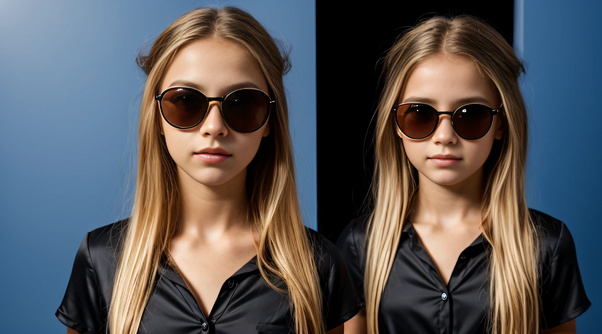 HALO DE LASERS AZUL, close-up CHILDREN BLONDE GIRL WITH VERY LONG HAIR, in a black blouse and sunglasses in a dark room, Foto de um ensaio promocional,