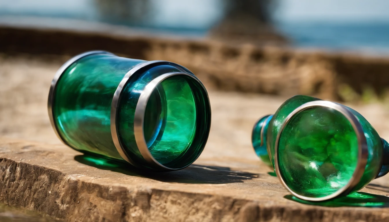Capture a creative shot of a stopper made from repurposed materials, such as recycled glass or salvaged metal, showcasing its unique and eco-friendly design.”