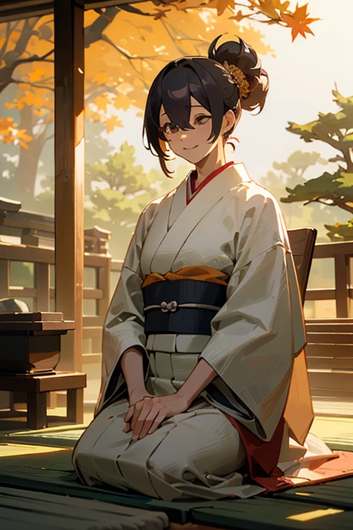 (Realistic:1.3), Rembrandt lighting, (masutepiece:1.2), (Photorealistic:1.2), (Best Quality), (Detailed skin:1.3), (Intricate details), Ray tracing,1girl in, japanaese girl, 21 years old, Detailed skin texture, (blush:0.5), Subsurface scattering, Smiling, updo hair, Bangs, hair between eye, Hair ornaments, Kimono, with floral pattern, wearing edgJF_Kimono, Seiza (bright sunny day, Autumn setting, Autumn trees々and leaves, (a Zen garden:1.2)