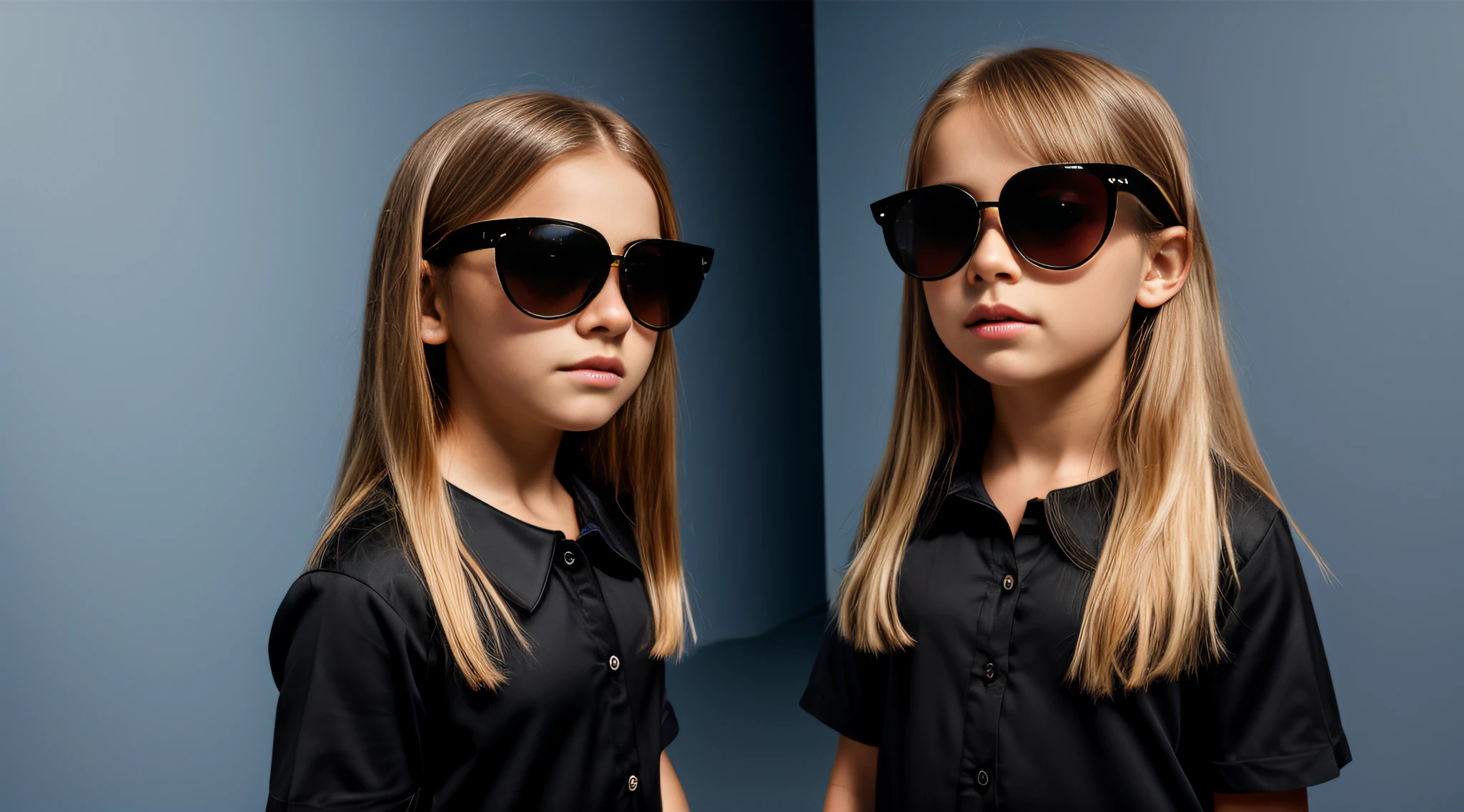 HALO DE LASER AZUL, close-up CHILDREN BLONDE GIRL WITH VERY LONG HAIR, in a black blouse and sunglasses in a dark room, Foto de um ensaio promocional,