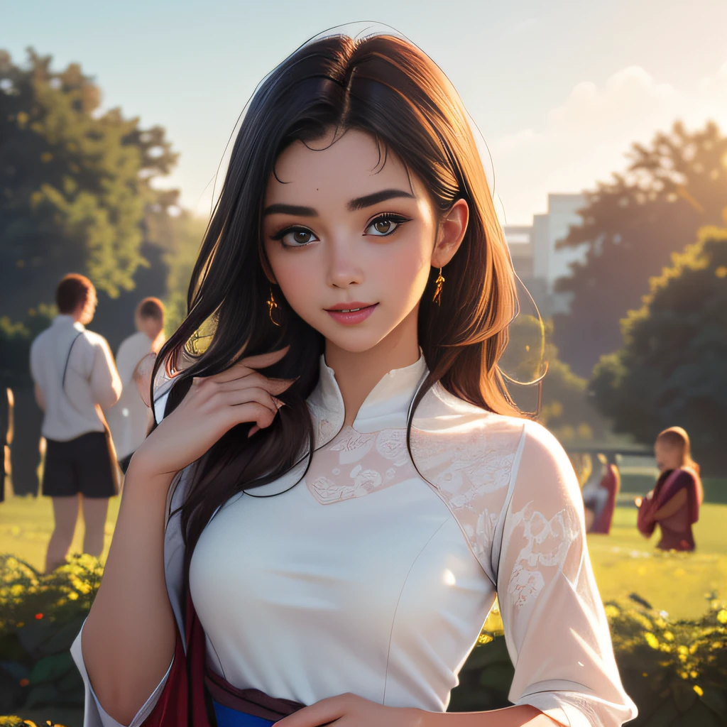 (extremely detailed 8K wallpaper:2), (photo:2), (24 years old Xuan Beautiful girl:2), (gives a lecture to friends:2), Detailed (Face & Eyes), (hyper realistic:1), (Highly detailed:1), (Epic Realistic:1), rim light, (Maximum details:1), Cosy, (body complet:1.3), (looking a viewer:2.0), (Attractive qualities of a woman:2), (attractive female:2), (Attractive:2), Smile, intelligence, sympathy, Grace, A sense of style, Fitness, Care, optimism, (sensitivity:2), frankness, Romantic gestures, playfulness, Fashion Sense, (sensuality:2), charm, modesty, Thoughtfulness, (femininity:1), flirtatiousness, warmth, (Physical Attractiveness:2), beautiful smile, Love of Life, Strength and power, Vulnerability, curiosity, wonder, Love, (Nature's prehistory:2), Kawaii, waifu, beautiful breasts, (attractive body:2), (handsome body:2), BEAUTIFUL POSE, attractive pose, (nice feet:1.0), (beautiful clothing:1), (Classic clothes:2), (elegant clothing:2), (European Clothing:2), detailed clothes, (upskirt:1), (blouse:1), (provocative pose)