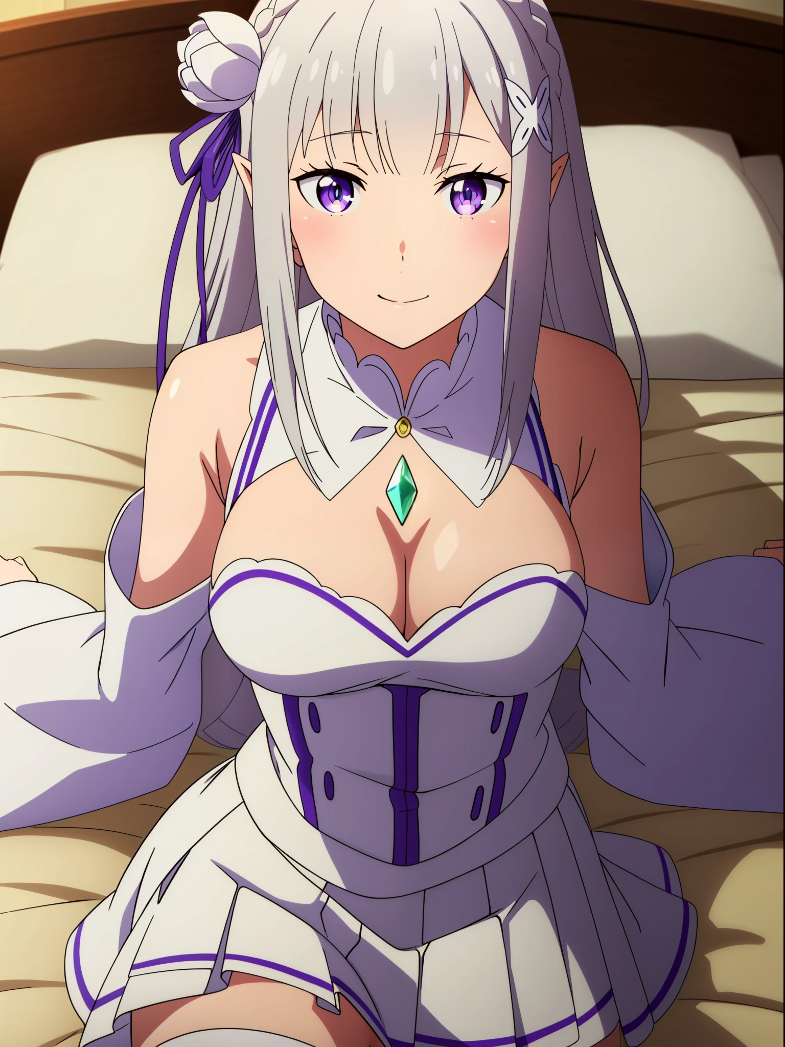 1girl,emilia (re:zero),pointy ears,grey hair,white hair,very long hair,blunt bangs,purple eyes,crown braid,sidelocks,x hair ornament,hair flower,purple ribbon,very long hair, ̧,detached collar,gem,bare shoulders,cleavage,pleated skirt,white skirt,white dress,frills,detached sleeves,wide sleeves,frilled sleeves,long sleeves,white thighhighst 18yo,Young female,Beautiful Fingers,Beautiful long legs,Beautiful body ,Beautiful character design, official art,extremely detailed CG unity 8k wallpaper, perfect lighting,Colorful,shiny skin, (masterpiece:1.0),(best_quality:1.0), ultra high res,4K,ultra-detailed, photography, 8K, HDR, highres, absurdres:1.2, Kodak portra 400, film grain, blurry background, bokeh:1.2, lens flare, (vibrant_color:1.2), (beautiful_face:1.5),(narrow_waist),NSFW, lying on back,bed,white panties,solo,smiling