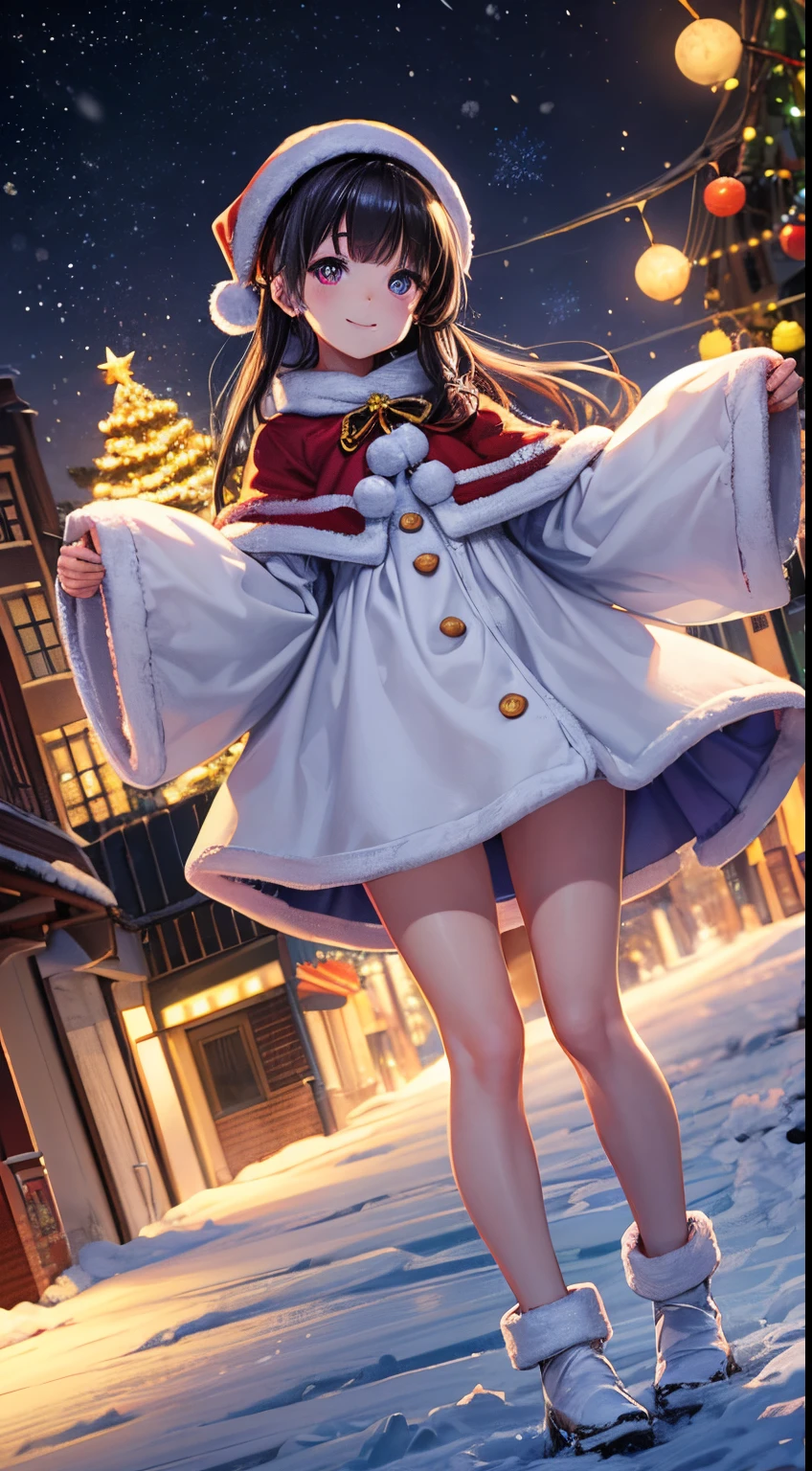 of the highest quality, High resolution, The perfect human structure, Human focus, Front view, Glowing hair, Glowing eyes, look up at viewer, Top angle, Medium chest, Happy smile, santa costume, city, Snow, Hands spread,Christmas tree, Gradient Eyes, swept bangs, Full body