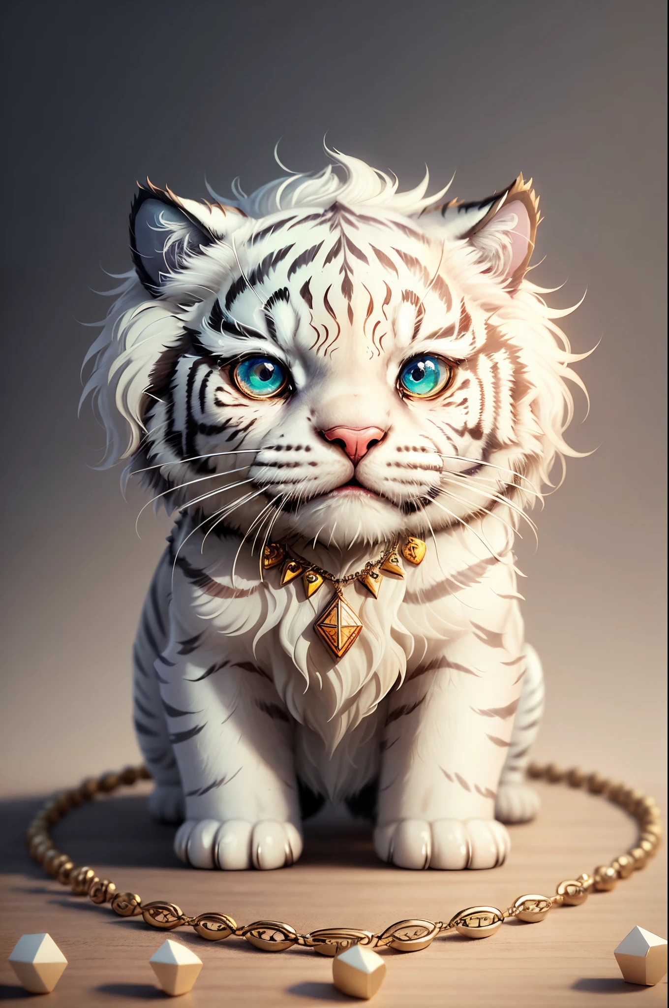 cute tiny hyperrealistic white tiger with different color eyes waring a necklace, Chibi, adorable and fluffy, logo design, cartoon, cinematic lighting effect, charming, 3D vector art, cute and quirky, fantasy art, bokeh, hand-drawn, digital painting, soft lighting, isometric style, 4K resolution, photorealistic rendering, highly detailed clean, vector image, photorealistic masterpiece, professional photography, simple space backdrop, flat white background, isometric, vibrant vector