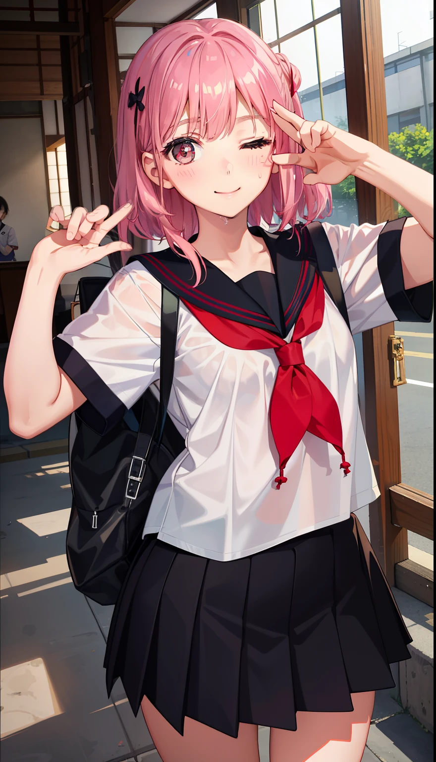 1girl in、A smile、The shirt、skirt by the、Light in the eyes、one eye closed、Wink、（small tits）Chilarism、Japan High School Student Uniform、serafuku、summer clothing、Squall Drenched Uniform、Sheer Bra、（Portrait from the knee up）、