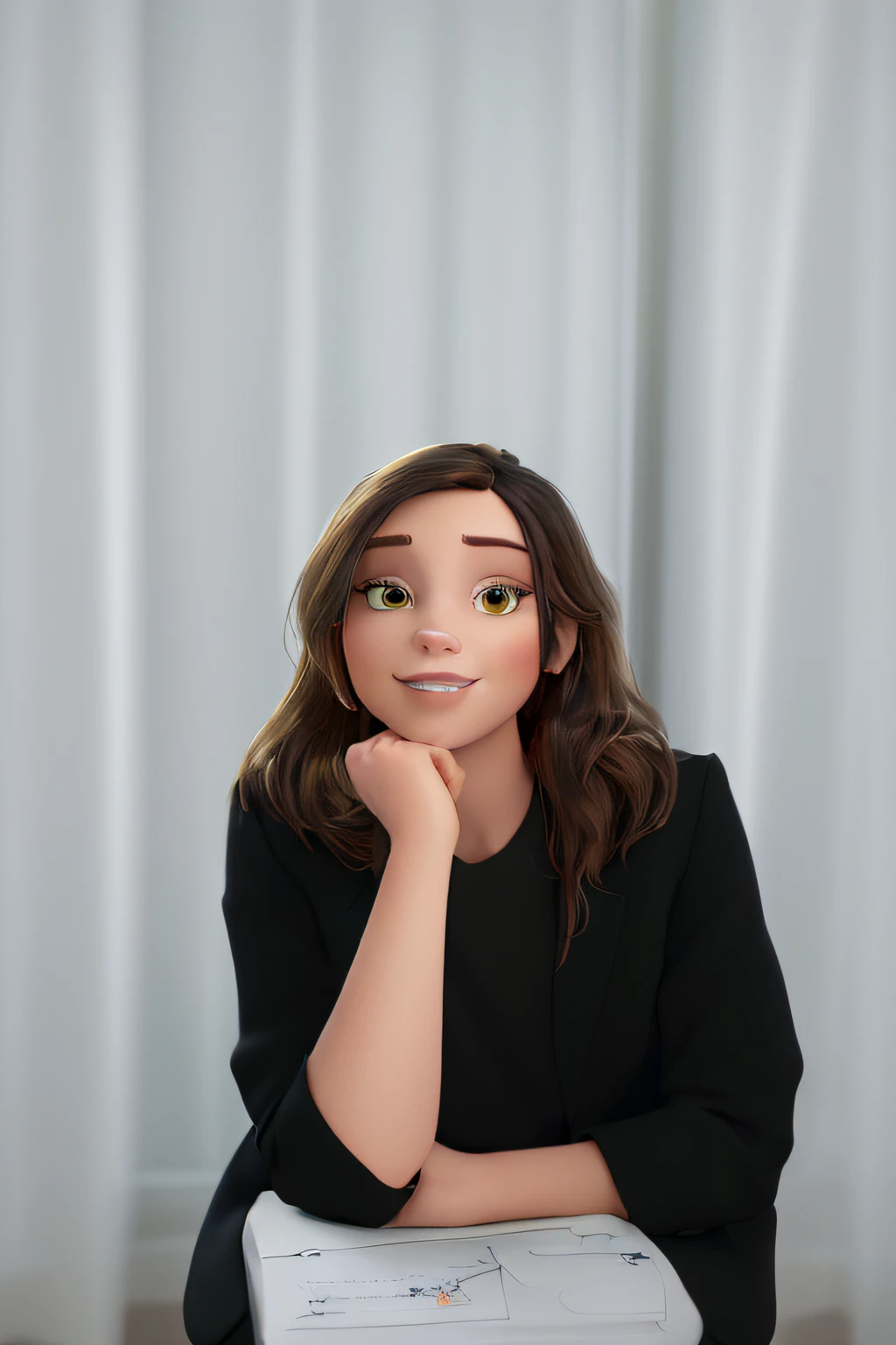 (best quality,4k,8k,highres,masterpiece:1.2),ultra-detailed,(realistic,photorealistic,photo-realistic:1.37),professional,studio lighting,physically-based rendering,vivid colors
Interior designer sitting down with legs crossed, head supported by right arm while left arm is crossed as well. Slightly smiling and looking at the camera
medium:oil painting
additional details: large window behind the designer, letting in soft natural light, showcasing a beautiful cityscape view, designer wearing a stylish black suit with a colorful pocket square, designer's workspace neatly organized with drafting tools and color swatches, artistically arranged interior design sketches and mood boards on the wall, cozy and modern interior with sleek furniture and minimalistic decor
art style:realistic,concept artists
color palette:neutral tones with pops of vibrant colors
lighting:warm and soft natural lighting from the window, casting a gentle glow on the designer's face and surrounding area