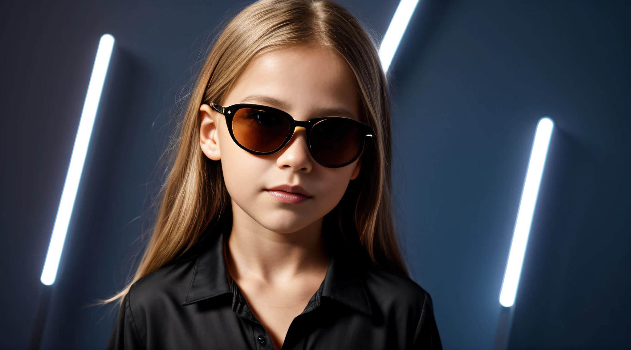 HALO DE LASER AZUL, close-up CHILDREN BLONDE GIRL WITH VERY LONG HAIR, in a black blouse and sunglasses in a dark room, Foto de um ensaio promocional,