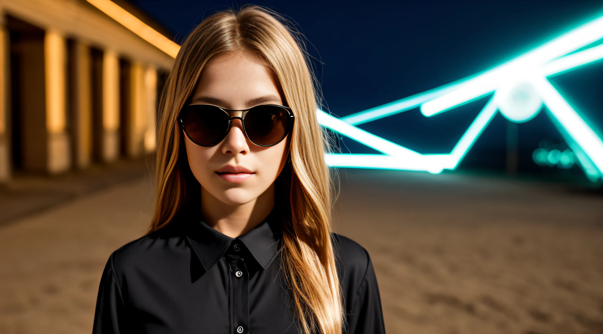HALO DE LASER AZUL, close-up CHILDREN BLONDE GIRL WITH VERY LONG HAIR, in a black blouse and sunglasses in a dark room, Foto de um ensaio promocional,