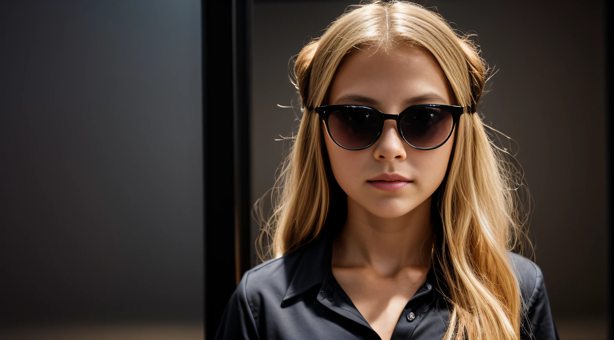 HALO DE LASER AZUL, close-up CHILDREN BLONDE GIRL WITH VERY LONG HAIR, in a black blouse and sunglasses in a dark room, Foto de um ensaio promocional,