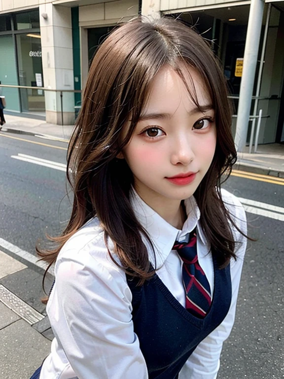 (masterpiece, best quality, photo realistic, official art:1.4), (UHD, 8K quality wallpaper, High resolution, RAW photo:1.2), (shiny skin), professional lighting, physically-based rendering, Award-winning, highly detailed skin, (extremely detailed face and eyes, clear pupils), Carl Zeiss 85 mm F/1.4, depth of field, BREAK, 1girl, solo, kawaii 16-year-old Korean schoolgirl, (Nogizaka idol:0.7), (Korean idol:0.9), (glossy brown hair, straight medium hair, forehead:1.3), extreme round face, single eyelid, smirk, mouth closed, (wearing school uniforms, longsleeved collared shirt, school tie:1.3), plaid mini skirt, navy socks, loafers, (breasts emphasized, well shaped medium breasts), (looking at viewer), BREAK, at a street in Shibuya, summer daytime, sunbeam, (seductive posing:1.3), cowboy shot, view from forward,