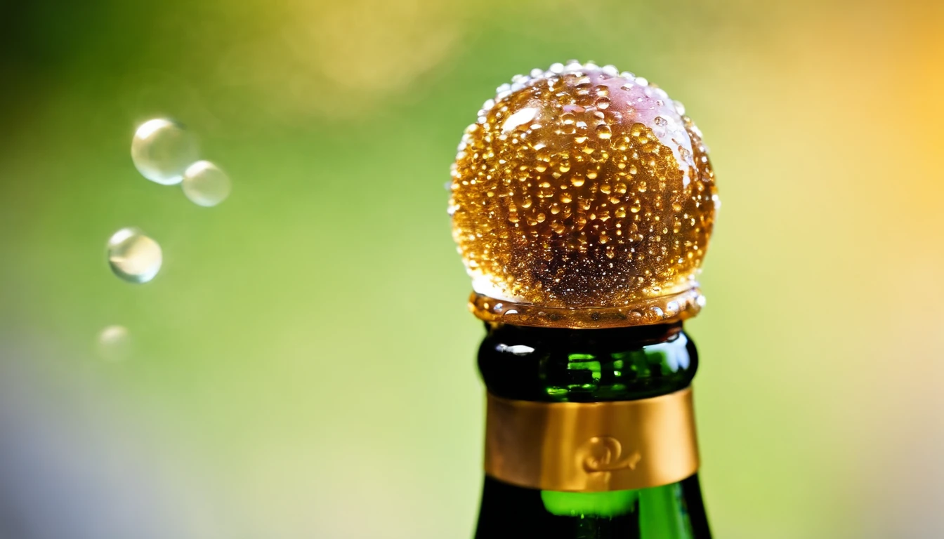 Capture a macro shot of a sparkling wine stopper with tiny bubbles trapped inside, highlighting the effervescence and liveliness of the beverage.”