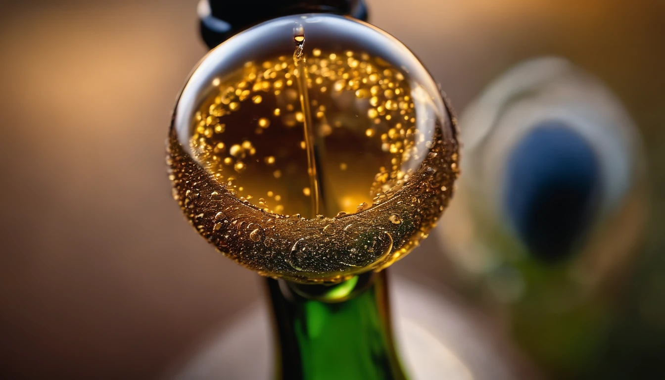 Capture a macro shot of a sparkling wine stopper with tiny bubbles trapped inside, highlighting the effervescence and liveliness of the beverage.”