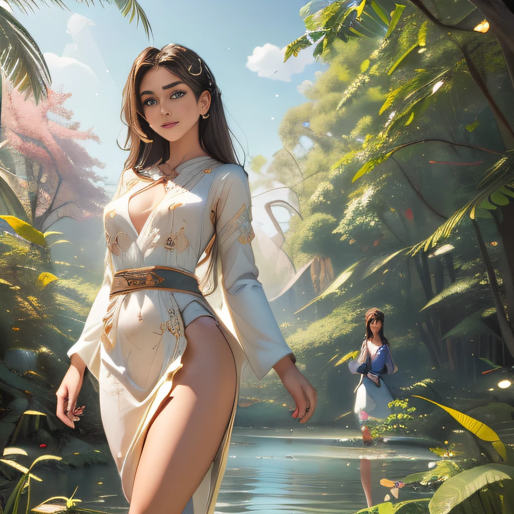 (Extremely detailed 8k wallpaper:2), (photo:2), (22 years old soigne Beautiful girl:2), (gives a lecture to friends:2), detailed (Face and eyes), (hyper realistic:1), (highly detailed:1), (epic realistic:1), rim light, (maximum details:1), cozy, (fullbody:1.3), (looking at viewer:2.0), (Woman's Attractive Qualities:2), (Attractive Woman:2), (Attractive:2), Smile, Intelligence, Empathy, Gracefulness, Sense of Style, Fitness, Grooming, Optimism, (Sensitivity:2), Sincerity, Romantic Gestures, Playfulness, Fashion Sense, (Sensuality:2), Charm, Modesty, Thoughtfulness, (Femininity:1), Flirtatiousness, Warmth, (Physical attractiveness:2), A beautiful smile, A love of life, strength and power, vulnerability, curiosity, wonder, love, (nature background:2), kawaii, waifu, Beautiful breasts, (attractive body:2), (Beautiful body:2), Beautiful pose, attractive pose, (Beautiful legs:1.0), (Beautiful clothes:1), (classic clothes:2), (elegant clothes:2), (European clothes:2), detailed clothes, (skirt:1), (blouse:1), (provocative pose)