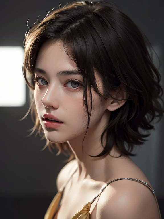 Best quality, masterpiece, ultra high res, (photorealistic:1.5), raw photo, 1girl, offshoulder, in the dark, deep shadow, low key, cold light, sexy look, short hair