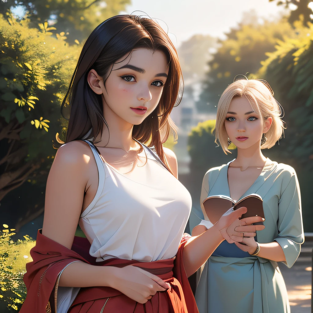 (extremely detailed 8K wallpaper:2), (photo:2), (24 years old Xuan Beautiful girl:2), (gives a lecture to friends:2), Detailed (Face & Eyes), (hyper realistic:1), (Highly detailed:1), (Epic Realistic:1), rim light, (Maximum details:1), Cosy, (body complet:1.3), (looking a viewer:2.0), (Attractive qualities of a woman:2), (attractive female:2), (Attractive:2), Smile, intelligence, sympathy, Grace, A sense of style, Fitness, Care, optimism, (sensitivity:2), frankness, Romantic gestures, playfulness, Fashion Sense, (sensuality:2), charm, modesty, Thoughtfulness, (femininity:1), flirtatiousness, warmth, (Physical Attractiveness:2), beautiful smile, Love of Life, Strength and power, Vulnerability, curiosity, wonder, Love, (Nature's prehistory:2), Kawaii, waifu, beautiful breasts, (attractive body:2), (handsome body:2), BEAUTIFUL POSE, attractive pose, (nice feet:1.0), (beautiful clothing:1), (Classic clothes:2), (elegant clothing:2), (European Clothing:2), detailed clothes, (upskirt:1), (blouse:1), (provocative pose)