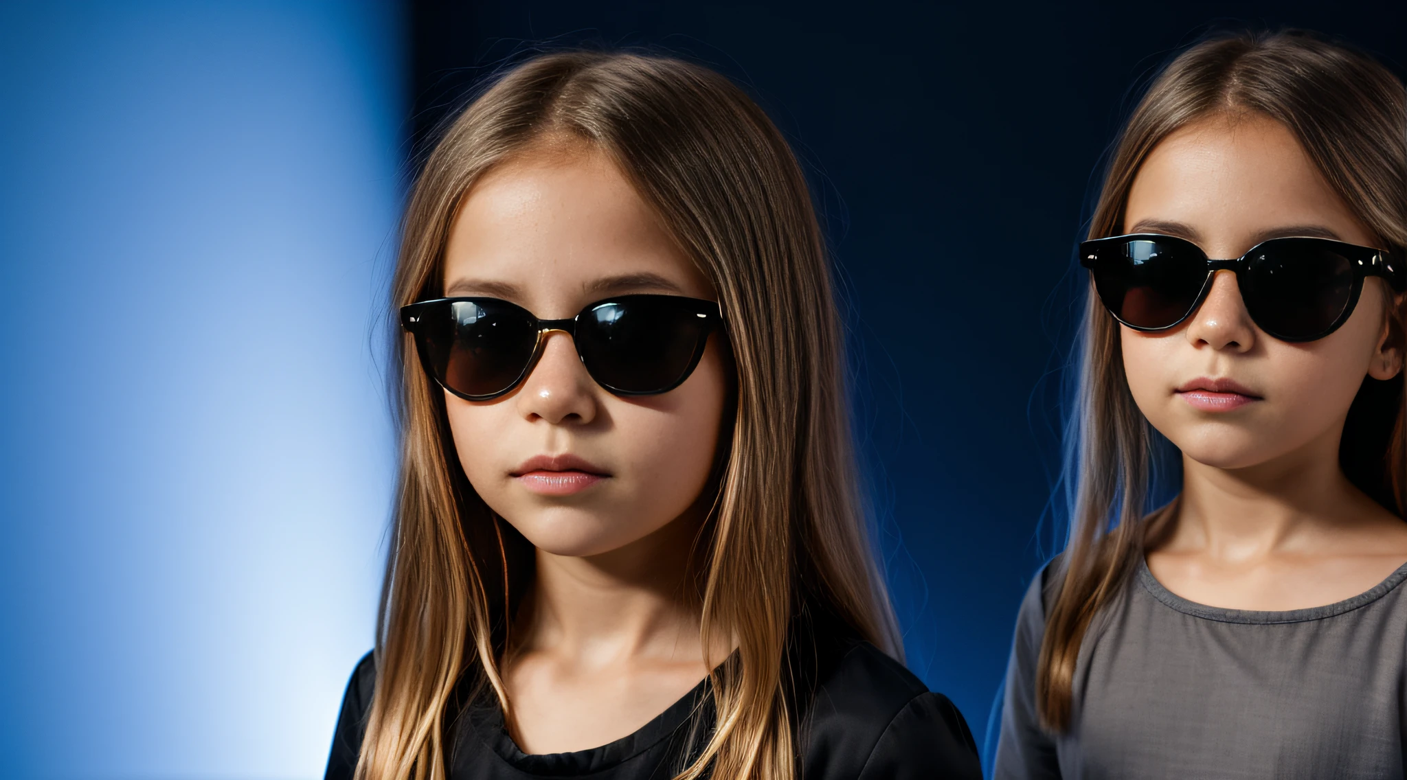 HALO DE LASER AZUL, close-up CHILDREN BLONDE GIRL WITH VERY LONG HAIR, in a black blouse and sunglasses in a dark room, Foto de um ensaio promocional,