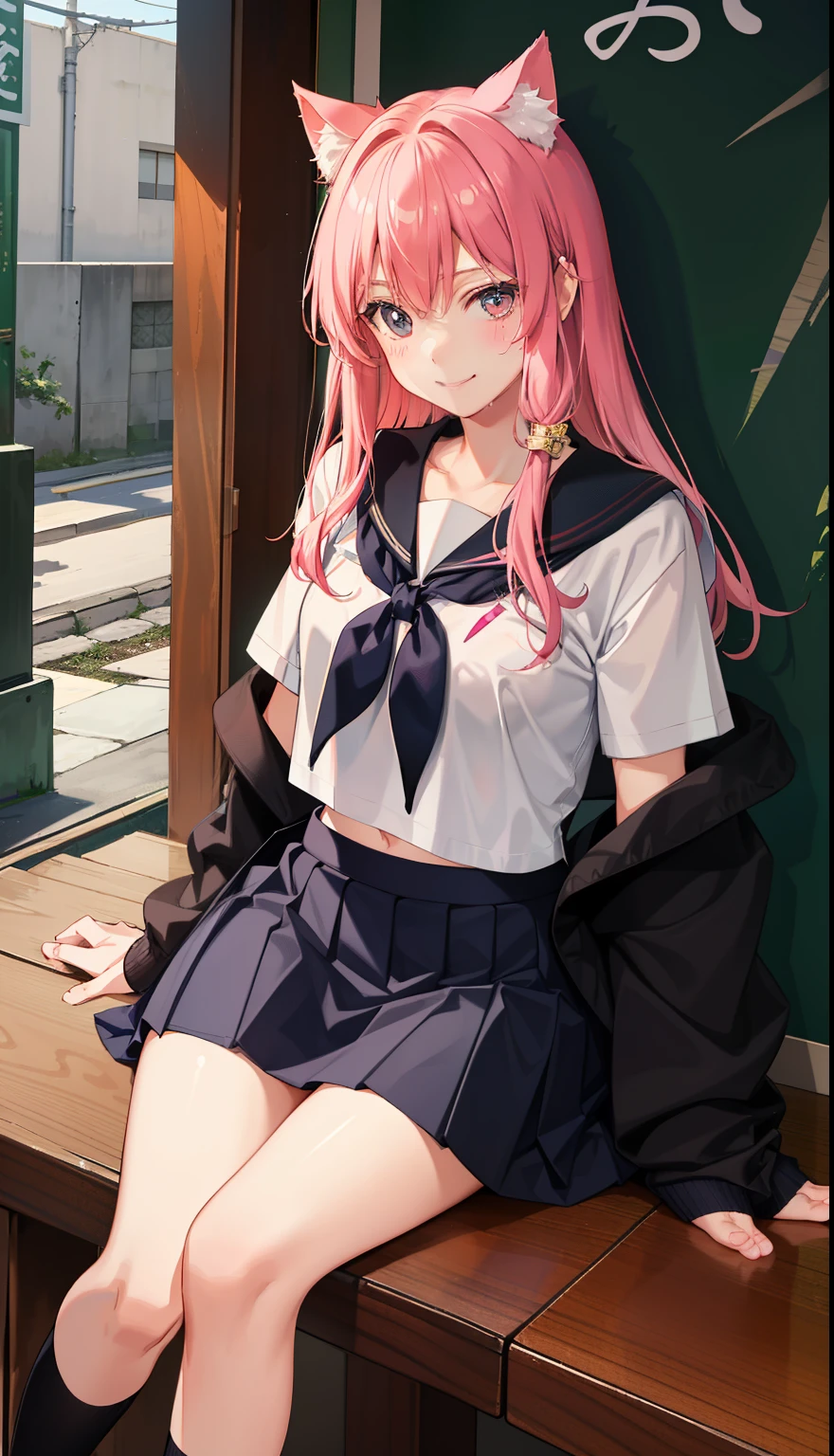 1girl in、A smile、The shirt、skirt by the、Light in the eyes、（small tits）Chilarism、Japan High School Student Uniform、serafuku、summer clothing、Squall Drenched Uniform、Sheer Bra、Cat's ears、（Portrait from the knee up）、