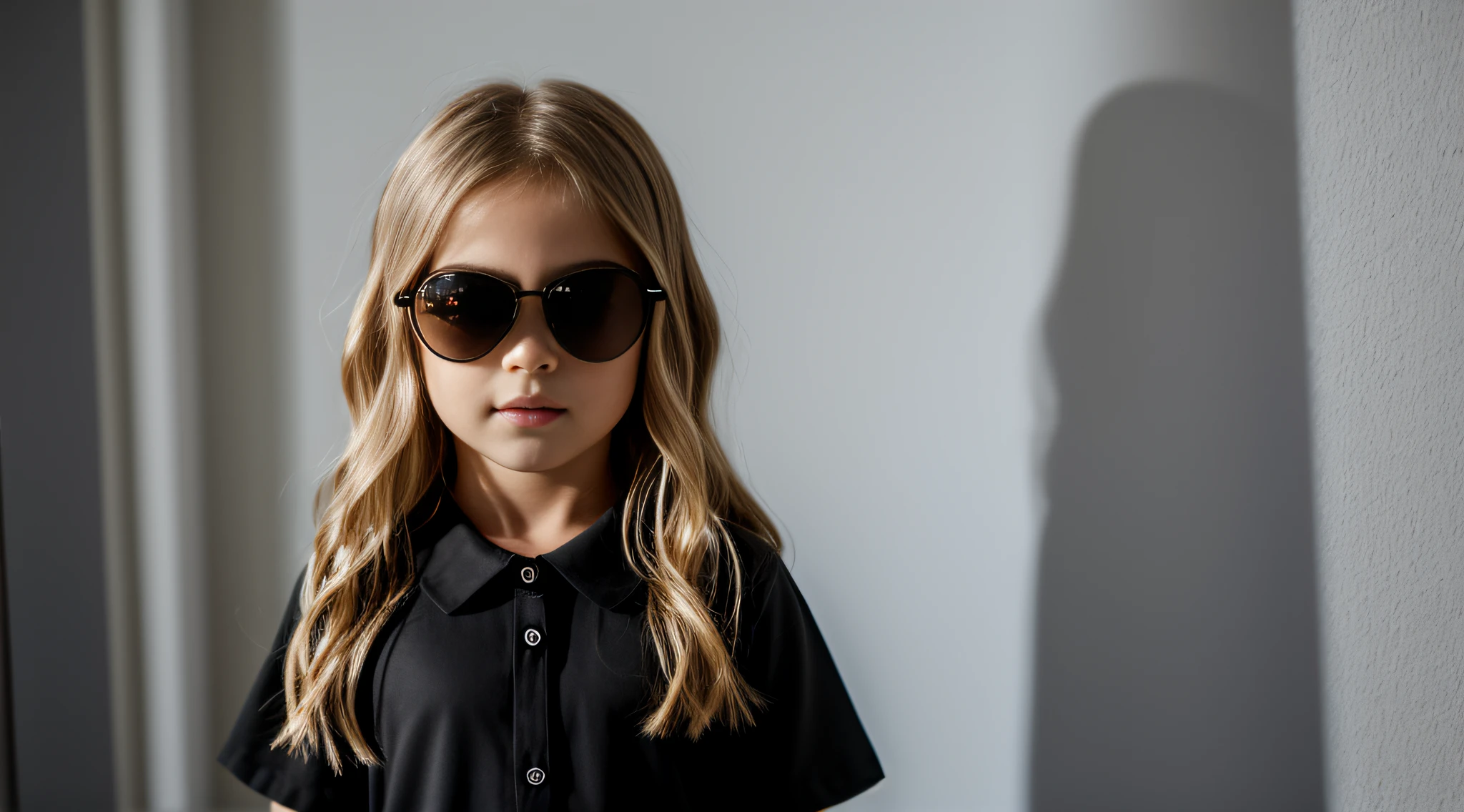 HALO DE LASER AZUL, close-up CHILDREN BLONDE GIRL WITH VERY LONG HAIR, in a black blouse and sunglasses in a dark room, Foto de um ensaio promocional,