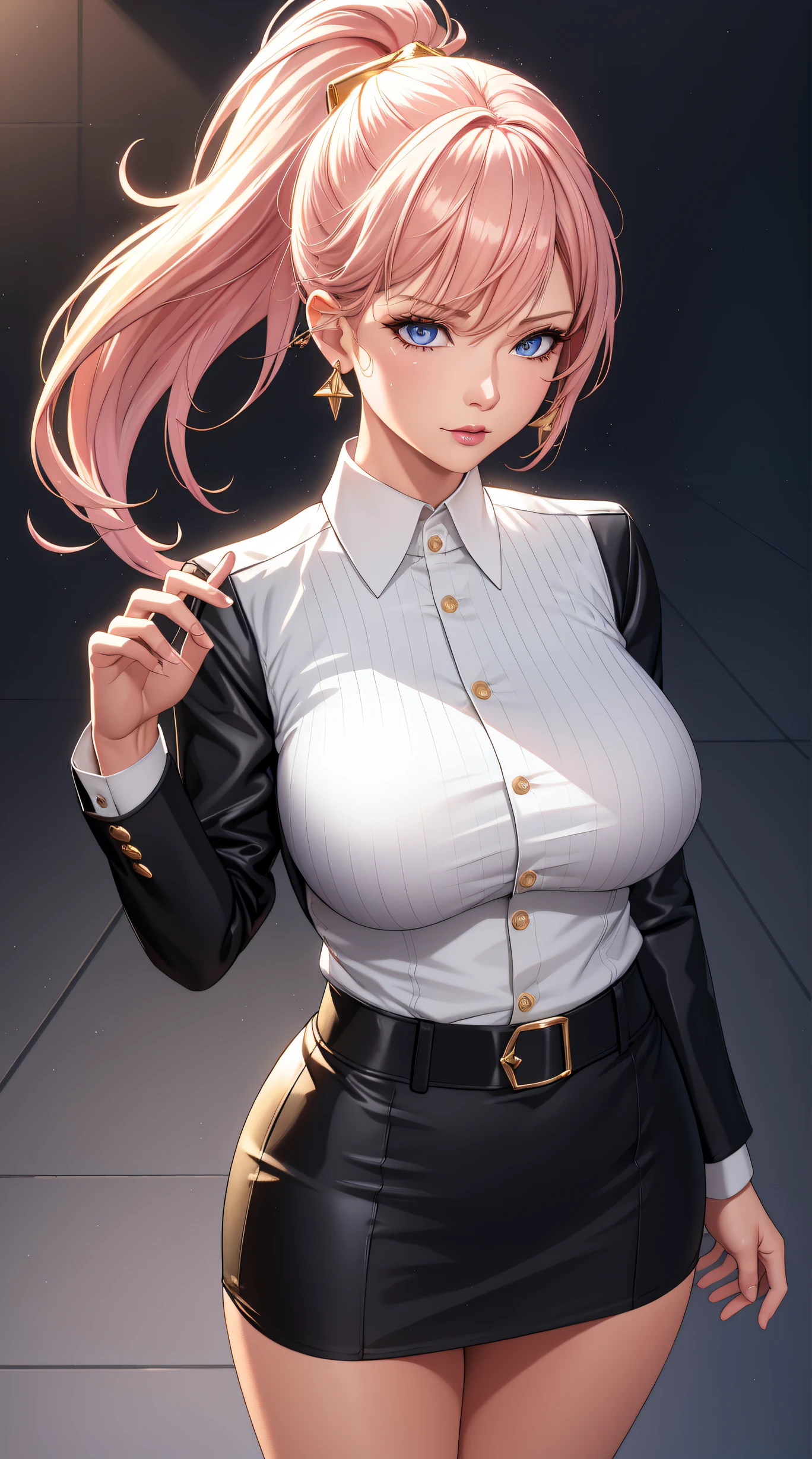 (best quality:1.5, highres, UHD, 4K, detailed lighting, shaders), gold floral haired, gradient hair, large breasts, suit, gray shirt, social shirt, short skirt, mature woman , (pov), white background, colorful eyeshadow, dramatic lighting, sparkling eyes, sensual expression, golden earrings, flowing hair, delicate facial features, dark skinned, high cheekbones, urban setting, white background, dont look for the camera, lean forward,