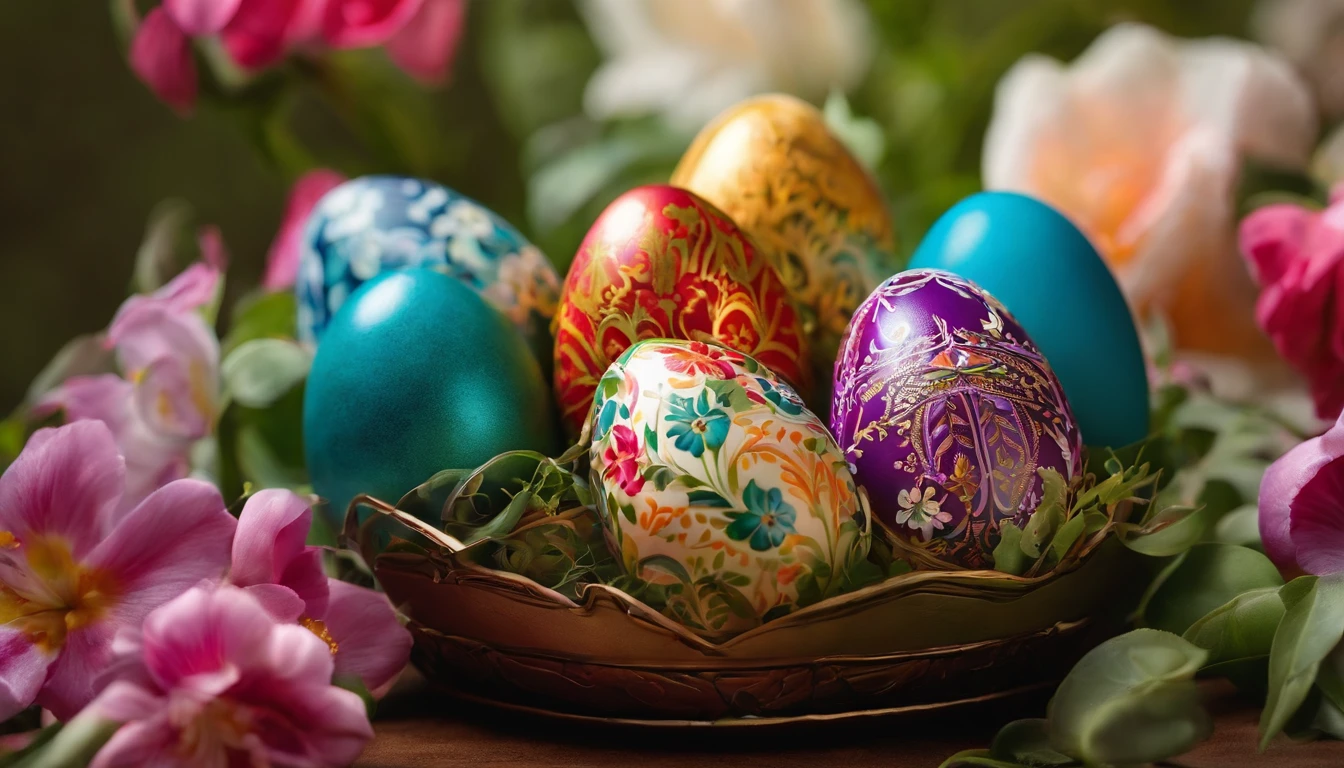 Capture a close-up shot of a beautifully decorated Easter egg, showcasing its intricate hand-painted design and vibrant colors