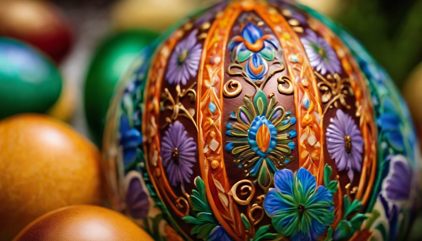 Capture a close-up shot of a beautifully decorated Easter egg, showcasing its intricate hand-painted design and vibrant colors