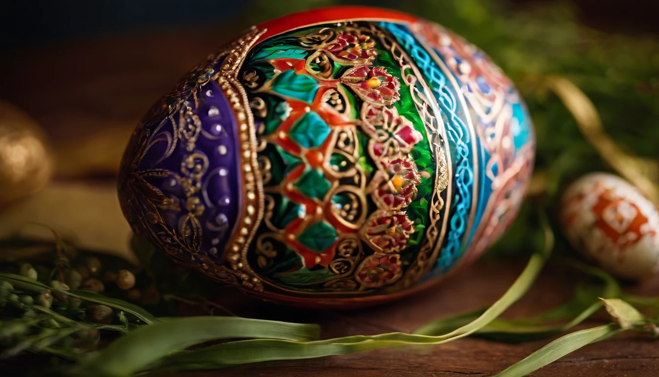 Capture a close-up shot of a beautifully decorated Easter egg, showcasing its intricate hand-painted design and vibrant colors