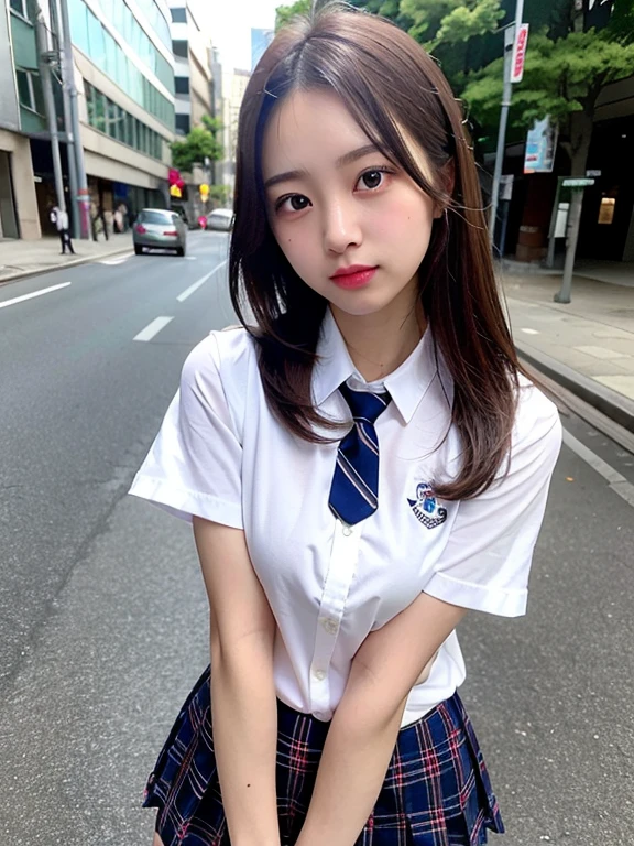 (masterpiece, best quality, photo realistic, official art:1.4), (UHD, 8K quality wallpaper, High resolution, RAW photo:1.2), (shiny skin), professional lighting, physically-based rendering, Award-winning, highly detailed skin, (extremely detailed face and eyes, clear pupils), Carl Zeiss 85 mm F/1.4, depth of field, BREAK, 1girl, solo, kawaii 16-year-old Korean schoolgirl, (Nogizaka idol:0.7), (Korean idol:0.9), (glossy brown hair, straight medium hair, forehead:1.3), extreme round face, single eyelid, smirk, mouth closed, (wearing school uniforms, longsleeved collared shirt, school tie:1.3), plaid mini skirt, navy socks, loafers, (breasts emphasized, well shaped medium breasts), (looking at viewer), BREAK, at a street in Shibuya, summer daytime, sunbeam, (seductive posing:1.3), cowboy shot, view from forward,