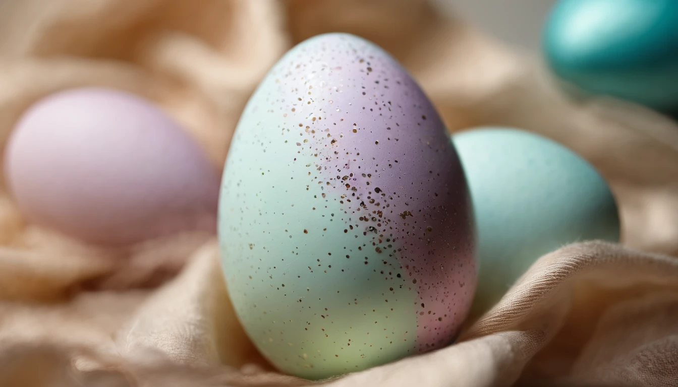 Capture a macro shot of a pastel-colored Easter egg, highlighting its smooth surface and delicate speckles.