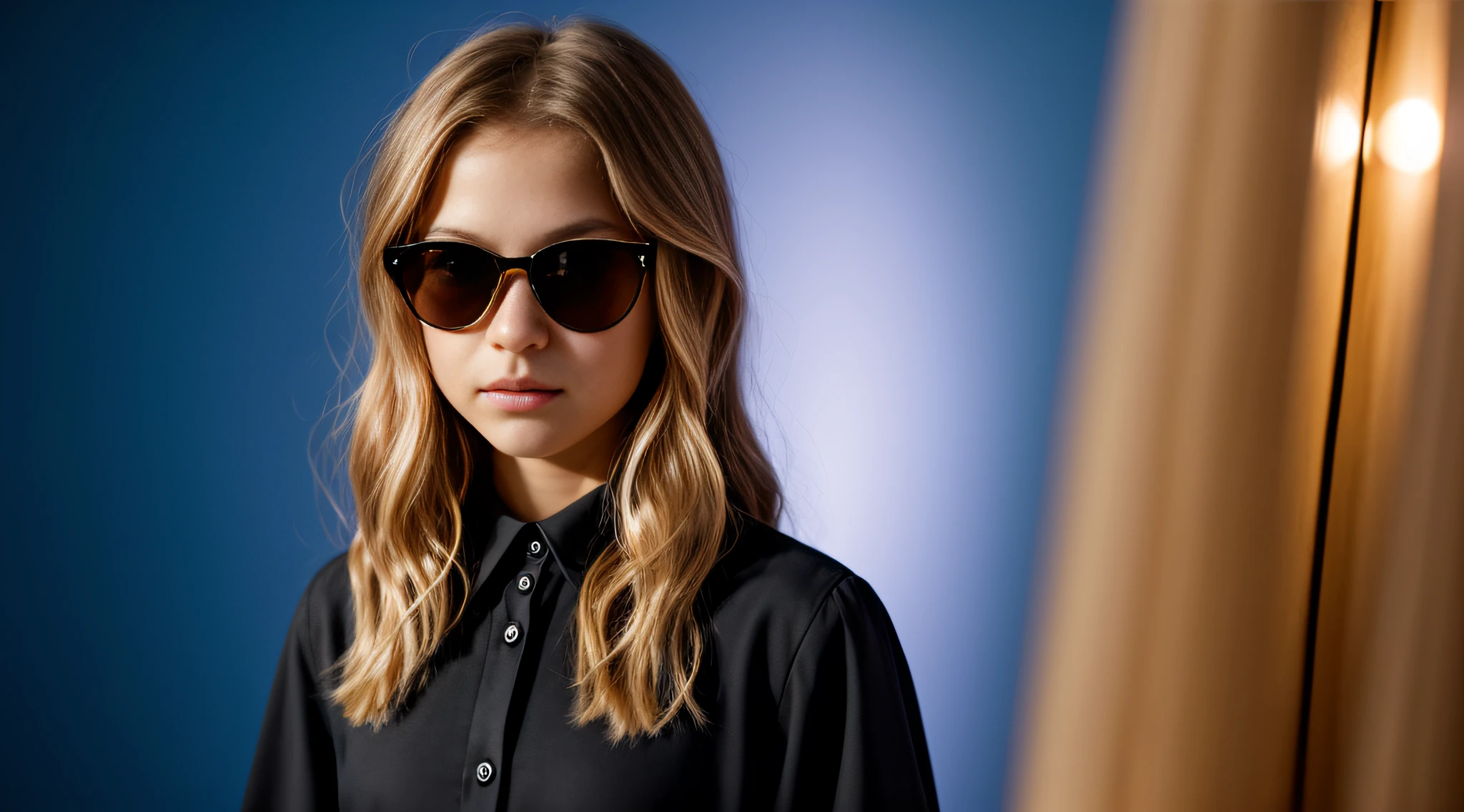 HALO DE LASER AZUL, close-up CHILDREN BLONDE GIRL WITH VERY LONG HAIR, in a black blouse and sunglasses in a dark room, Foto de um ensaio promocional,