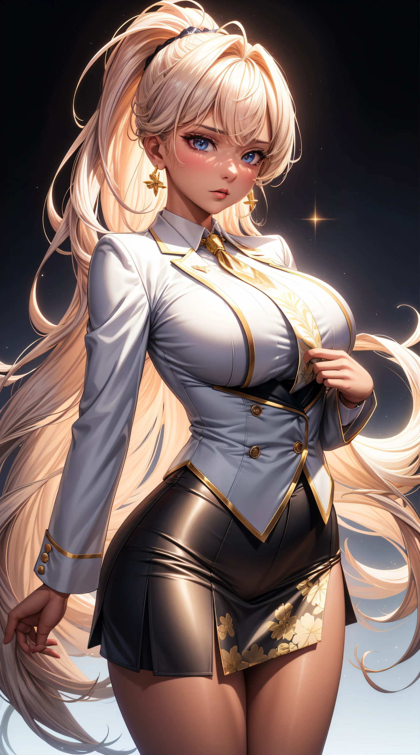 (best quality:1.5, highres, UHD, 4K, detailed lighting, shaders), gold floral haired, gradient hair, large breasts, suit, gray shirt, social shirt, short skirt, mature woman , (pov), white background, colorful eyeshadow, dramatic lighting, sparkling eyes, sensual expression, golden earrings, flowing hair, delicate facial features, dark skin, high cheekbones, urban setting, white background, dont look for the camera, lean forward, ( pose : behind  the camera)