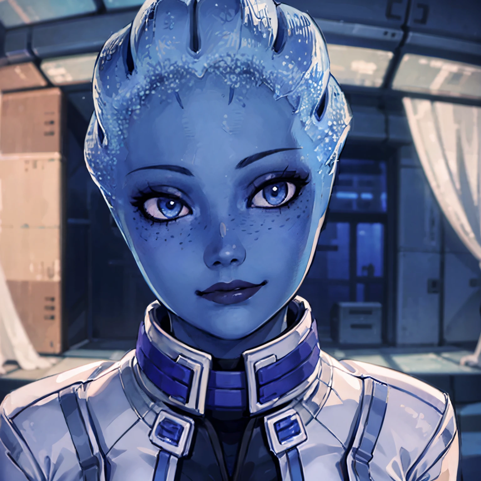 ((ultra quality)), ((tmasterpiece)), Liara T'Soni, (Beautiful cute face), (beautiful female lips), Charming, ((Kind expression on his face)), looks at the camera with a gentle smile, eyes are slightly closed, ((Skin color: blue)), Body glare, ((detailed beautiful female eyes)), ((dark blue eyes)), (juicy female lips), (beautiful female hands), ((perfect female figure)), perfect female body, Beautiful waist, nice feet, Beautiful feet, gorgeous big thighs, Beautiful ass, beautiful breasts, ((Subtle and beautiful)), seductively sits (closeup face), (dressed in Liara T&#39;Soni&#39;s clothes) background: spaceship Normandy, Shepard&#39;s cabin, ((Depth of field)), ((high quality clear image)), (crisp details), ((higly detailed)), Realistic, Professional Photo Session, ((Clear Focus)), the anime, NSFW