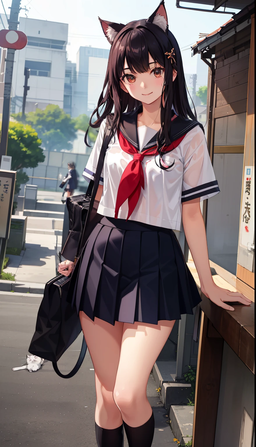 1girl in、A smile、The shirt、skirt by the、（small tits）Chilarism、Japan High School Student Uniform、serafuku、summer clothing、Squall Drenched Uniform、Sheer Bra、Cat's ears、（Portrait from the knee up）、