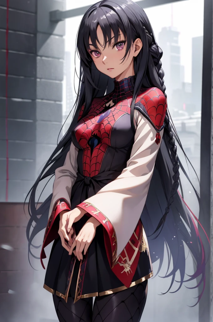 suzune horikita, black hair, braid, long hair, (purple eyes:1.1),best quality,game cg,1girl, masterpiece, best quality, 8k, detailed skin texture, detailed cloth texture, beautiful detailed face, intricate details, ultra detailed, audrey hepburn, Spider-Man uniform, straight red hair, (Half body:1.2)