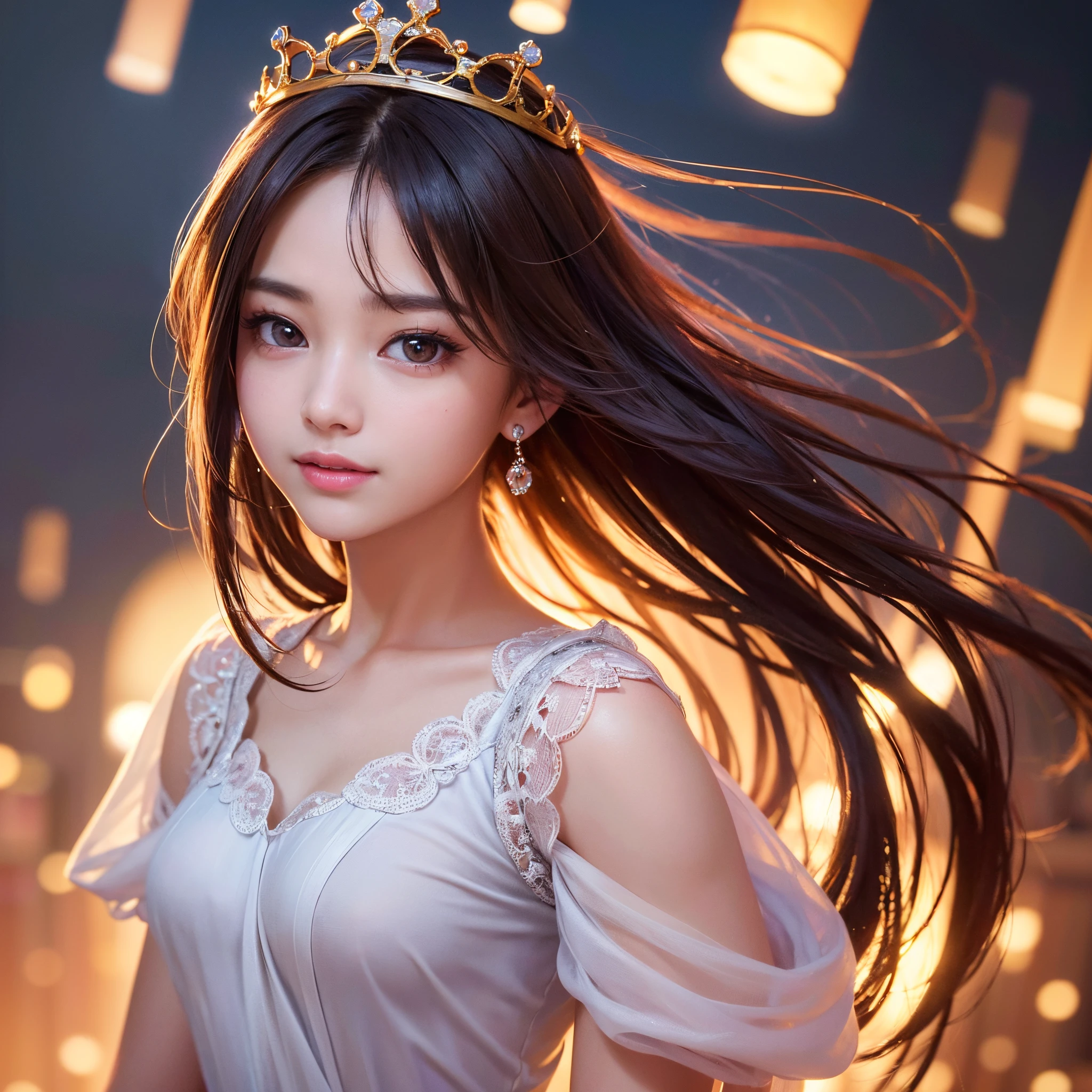 (8k, RAW photo, best quality, masterpiece:1.2), (realistic, photo-realistic:1.37), ultra-detailed, ultra high res, twtzuyu, 1 girl,looking at viewer,smile, ((wear crown on head)), queen, beautiful detailed eyes,  (floating hair), detailed clothes,  skin texture, cinematic lighting, professional lighting,