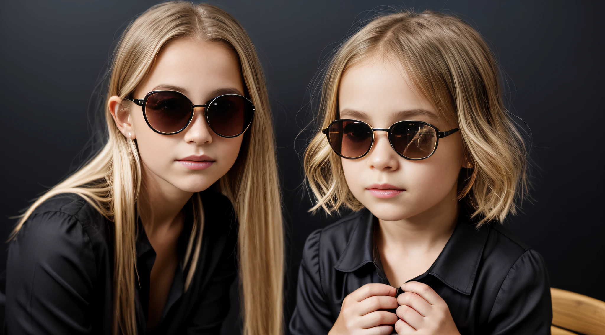 HALO DE LASER AZUL, close-up CHILDREN BLONDE GIRL WITH VERY LONG HAIR, in a black blouse and sunglasses in a dark room, Foto de um ensaio promocional,