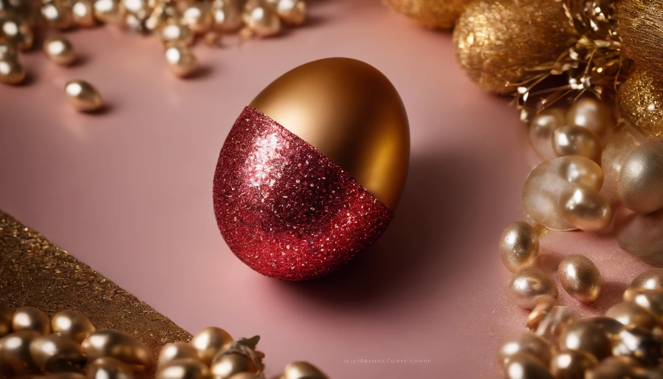 Capture a detail shot of a glitter-covered Easter egg, showcasing its shimmering and sparkling texture.”