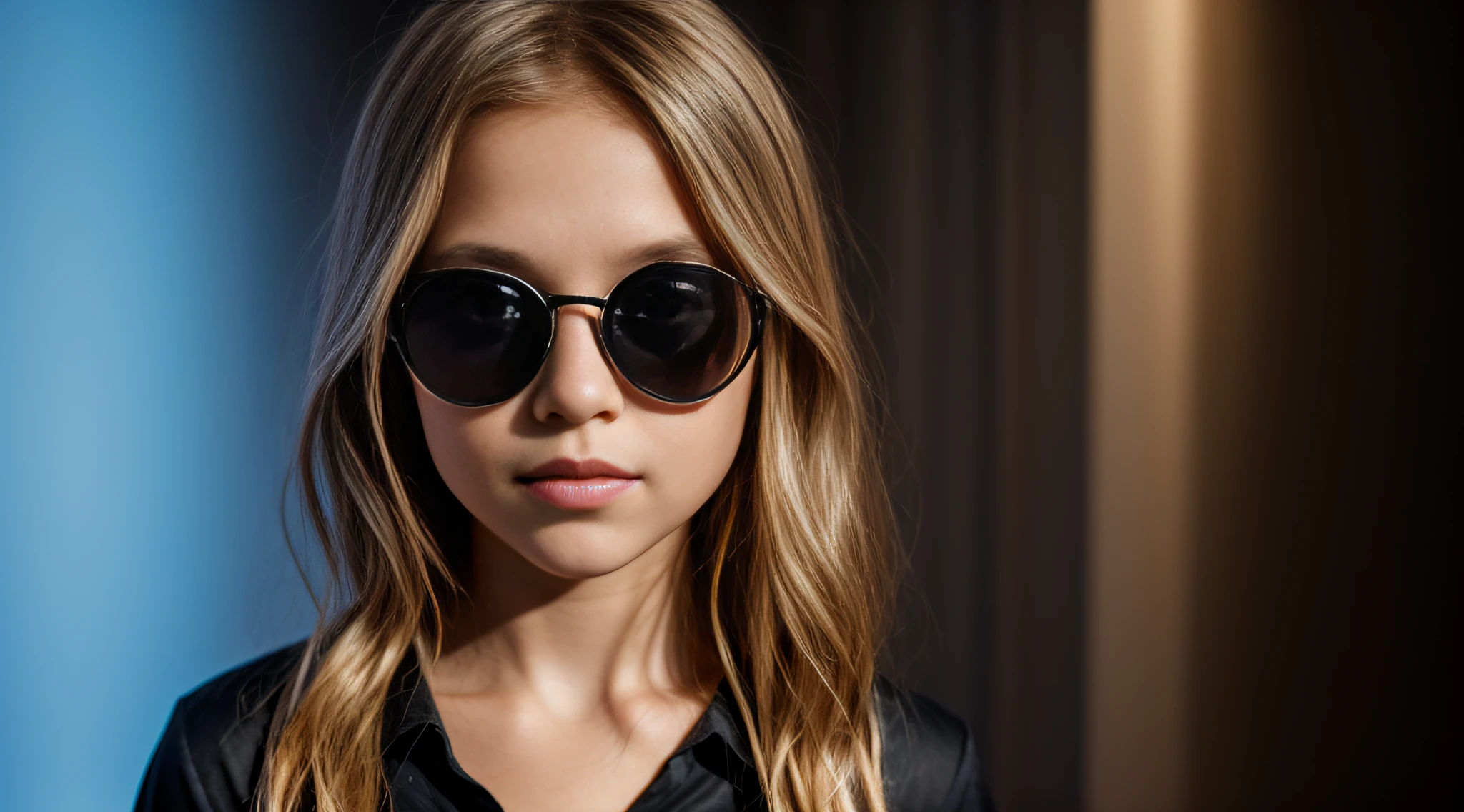 HALO DE LASER AZUL, close-up CHILDREN BLONDE GIRL WITH VERY LONG HAIR, in a black blouse and sunglasses in a dark room, Foto de um ensaio promocional,