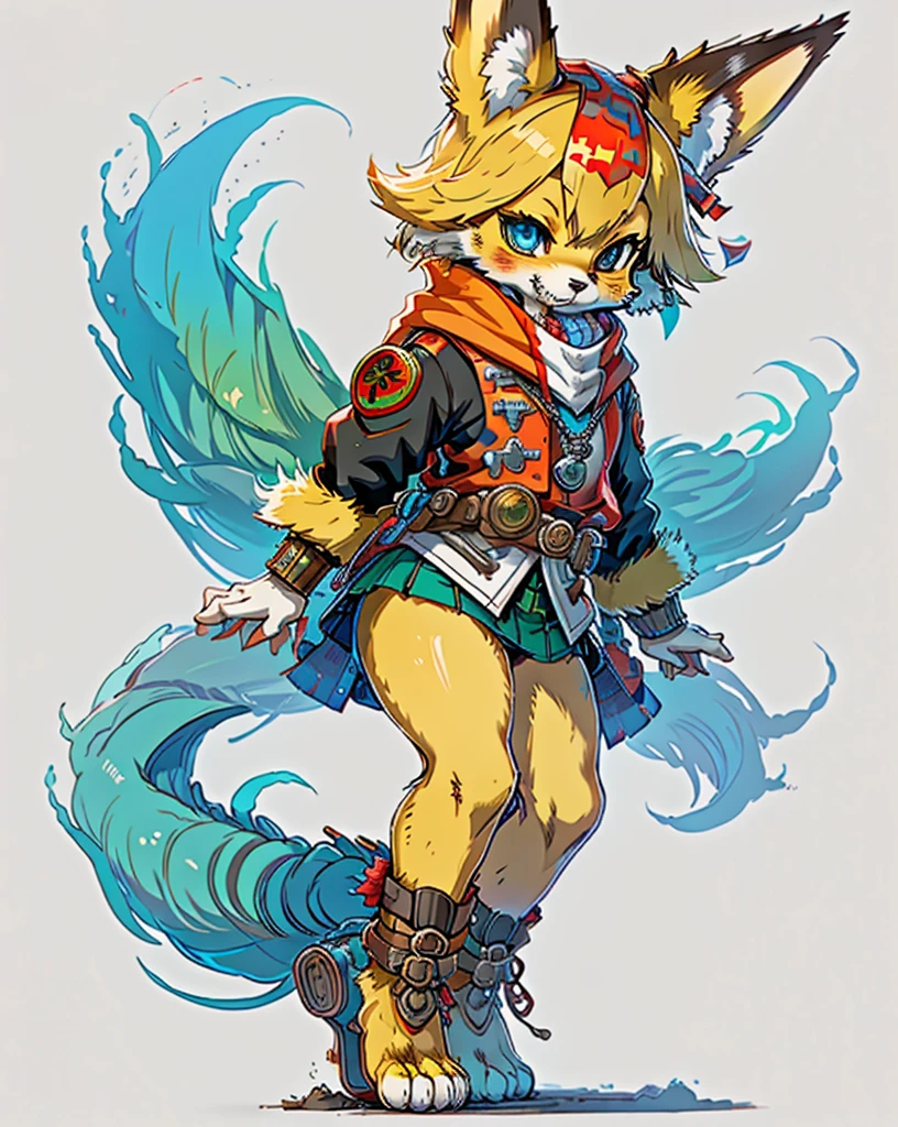 vibrant and imaginative fox fursona with multicolored fur, expressive eyes, a mischievous personality, a camouflage bandana, a toy soldier pendant, and a bold, outgoing demeanor
