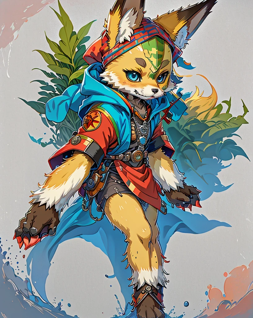 vibrant and imaginative fox fursona with multicolored fur, expressive eyes, a mischievous personality, a camouflage bandana, a toy soldier pendant, and a bold, outgoing demeanor