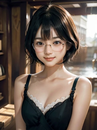 One woman, Japan people in their 20s, symmetrical beauty, Small face, sharp outline, A dark-haired, (Shoulder length short bob hair, Curly hair, The hair near the shoulders should have strong waves.), With bangs, (thick eyebrow, Thick eyebrows), realisticeyes, 二重まぶた, drooing eyes, Thicker lips, closes mouth, A slight smil, Smiling smile, (Rimless glasses, Small glasses, glasses for women), Wheat-toned skin, realistic skin textures, H Cup, a little fat, directly in front of the camera, looking directly at the viewer, Looking at the camera, The light source is from the front.